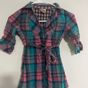 Vintage Mossimo Girls Pink Teal Plaid Long Sleeve Twill Shirt Dress Sz 8 Flannel